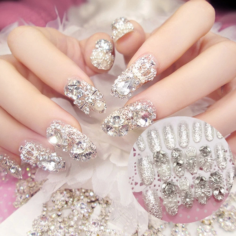 24pcs Luxe Shining Rhinestone Wedding False Nails Transparent Glitter Gems  Crown Designed Square Full Short Fake Art Bride - False Nails - AliExpress