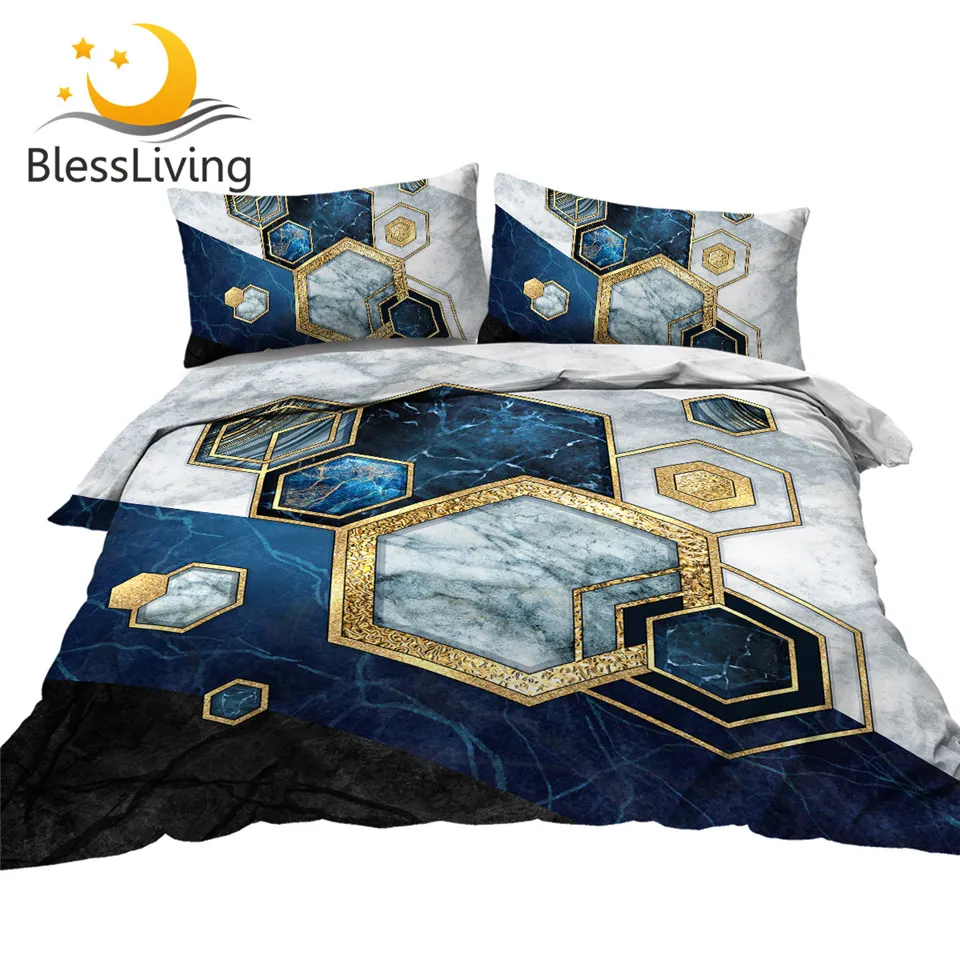 

BlessLiving Marble Bedding Set Blue Golden Comforter Cover Rock Spar Texture Bed Cover Nature Inspired Trendy Bedlinen Wholesale