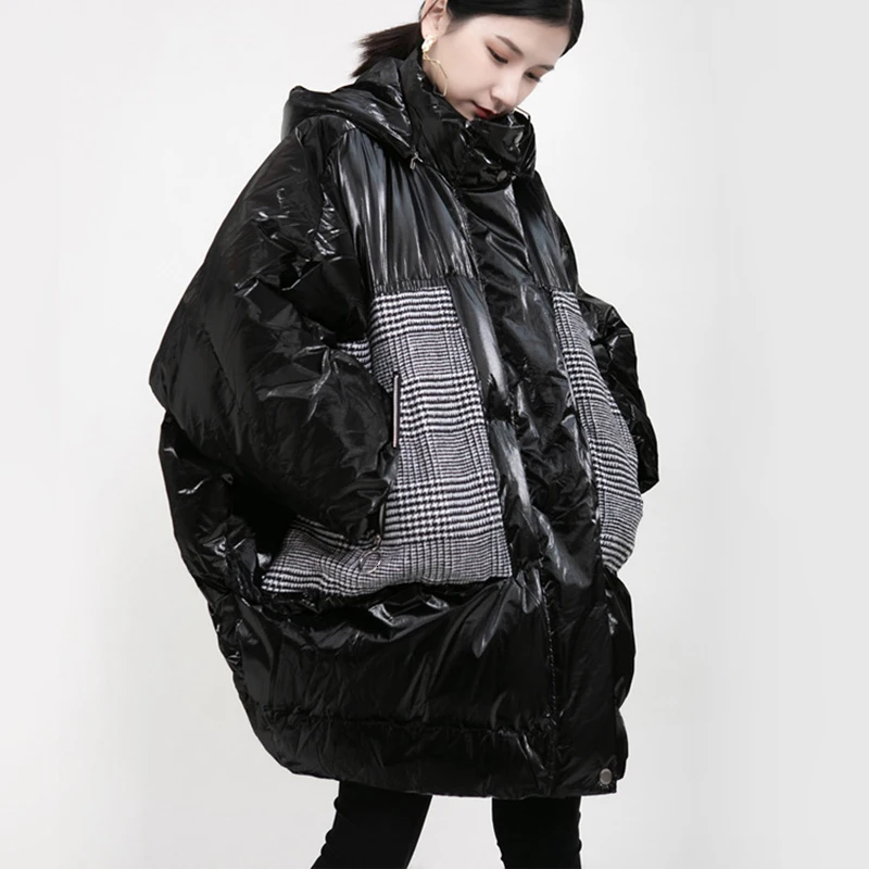 SHENGPALAE Casual Patchwork Plaid Cotton Female Hooded Collar Long Sleeve Bat Sleeved Women's Parkas Fashion Clothing A241