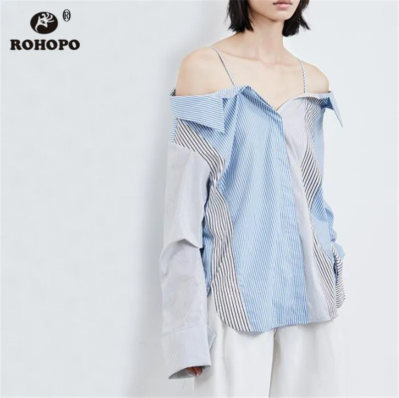 

ROHOPO Patchwork Striped Long Sleeve Cotton Blouse Koran Sitraight High Low Strap Chic Girl Sky Blue Top Shirt # 8935
