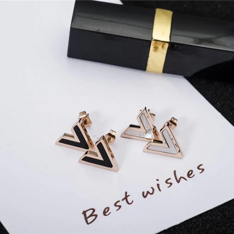 

Korean-style Boutique Titanium Steel Rose Gold Plated Geometry Cool V Ear Stud Women's Black And White Earrings Ear Rings Ear Cl