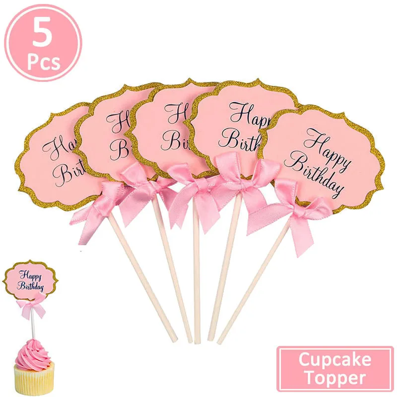 5pcs cupcake topper Lincaier I Am Four, баннер из крафт-бумаги, 4 года, день рождения для мальчиков и девочек, 4-е вечерние украшения, четвёртая гирлянда, розовые, синие воздушные шары - Цвет: 5pcs cupcake topper