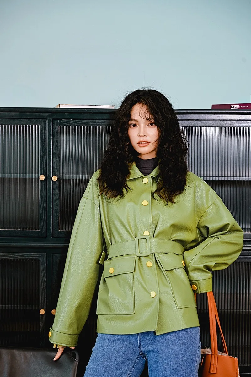Autumn Winter Original Fashion Gloria&Grace Green Vintage Instagram PU Leather Suede Loose Oversize Coat Jacket Outerwear