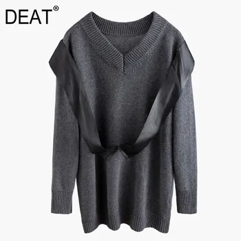 

DEAT 2020 new V-neck full sleeves knits autumn and winter pullvoer sequins bling gray sweater female clothes 19F-a171-02