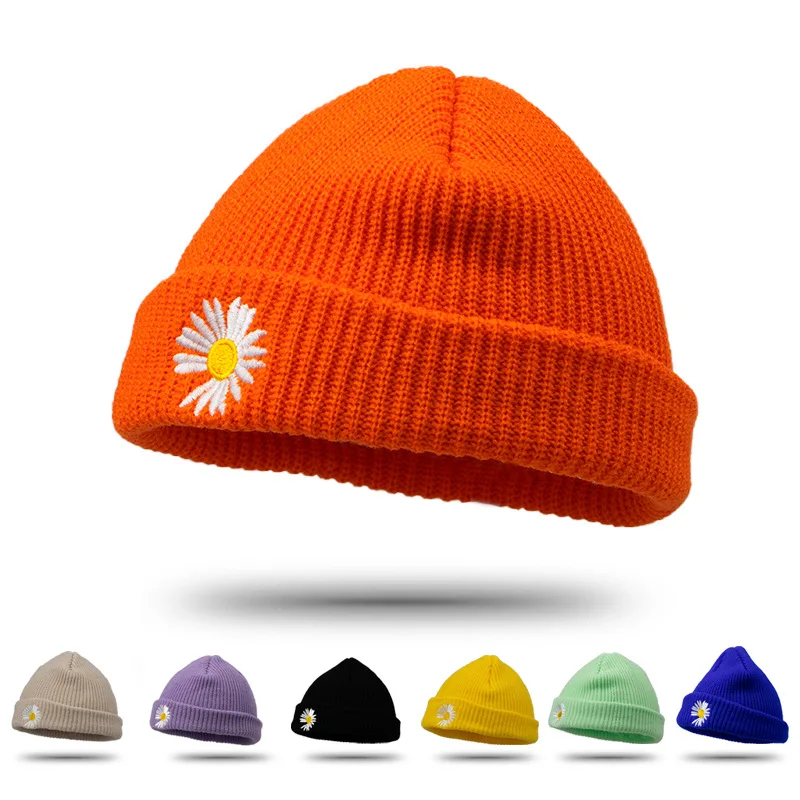 

Fashion Winter Hat Women High Quality Knitted Pullover Cap Solid Color Flowers Hat for Men Warm Thick Autumn Hat