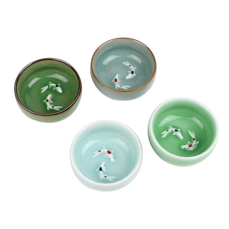 Одна чайная чашка longquan celadon фарфоровая с рельефом рыбы резная кунг-фу чашка чая geyao кракле глазури мастер чашка diyao ремесло в Китае