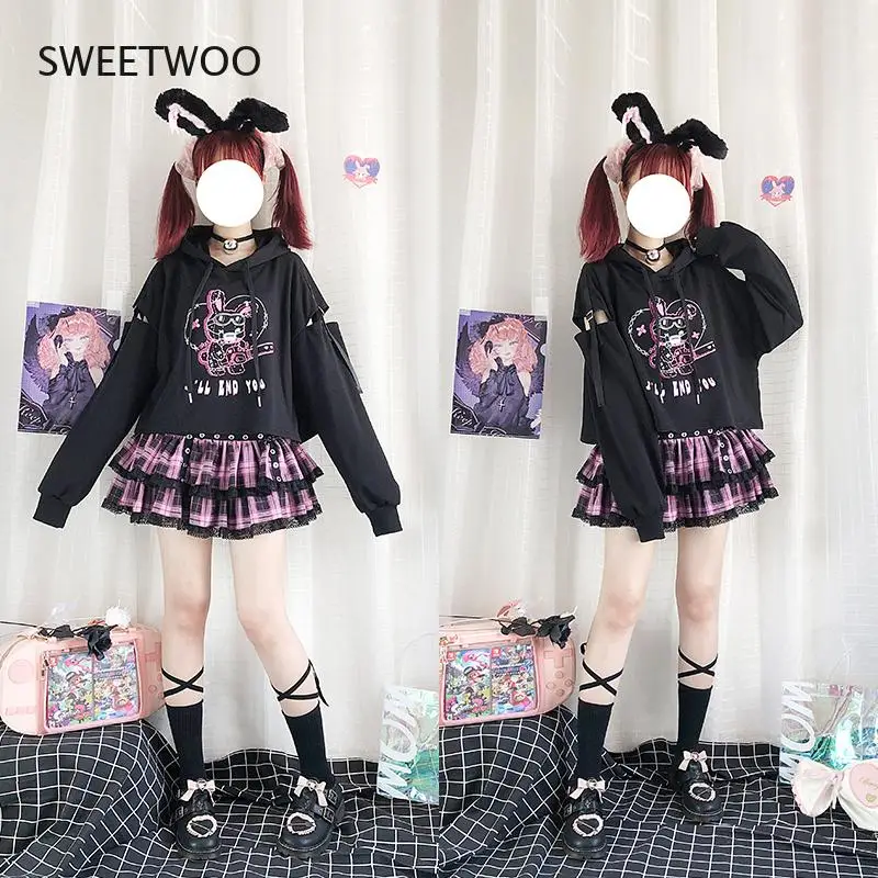 QWEEK Streetwear Harajuku Tops Girls Gohtic Harajuku Japan Kpop Casual Oversized  Hoodie Sweatshirt - Karanube