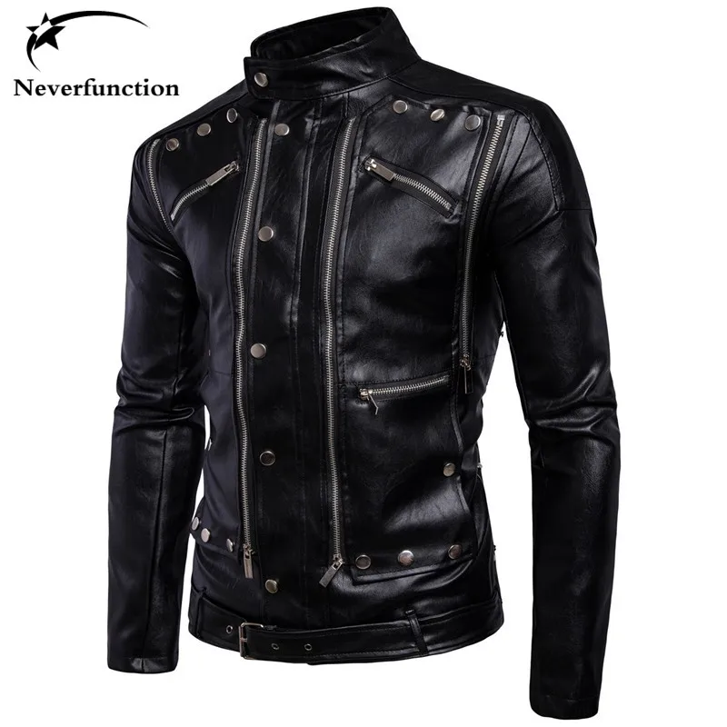 New Casual Slim Mens Multi-zipper Leather Jacket Fashion High Quality Men Solid Color Male Motorcycle PU Leather Jacket Coat