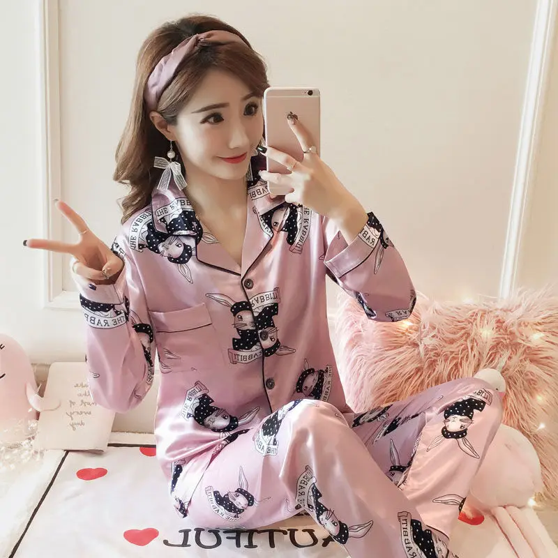Осенняя Шелковая пижама, женская сексуальная мягкая уютная атласная ночная рубашка, пижамные комплекты с принтом, ночная одежда с длинным рукавом, 5xl - Цвет: pink Rabbit