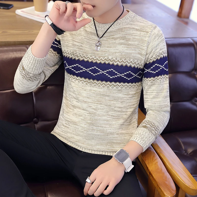 

New Spring Knitted Sweaters Casual Men Sweater Wavy Stripes O-Neck Top Blouse Mens Pullovers Slim Fit Pullover Clothing 3XL C273