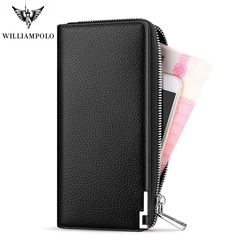 Длинный кошелек WilliamPolo для мужчин вместительный бумажник из натуральной кожи с