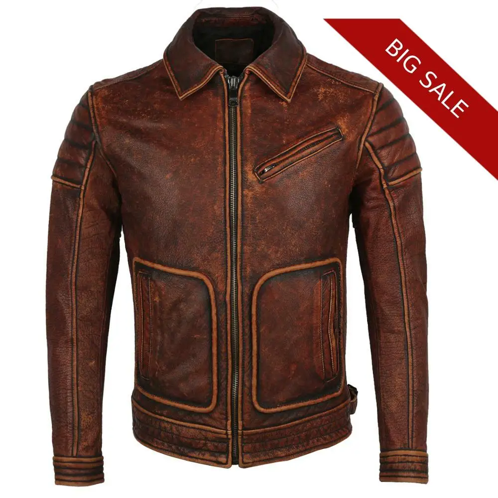 

2020 Vintage Brown Men American Style Motorcycle Leather Jacket Plus Size XXXXL Genuine Cowhide Autumn Slim Fit Biker's Coat