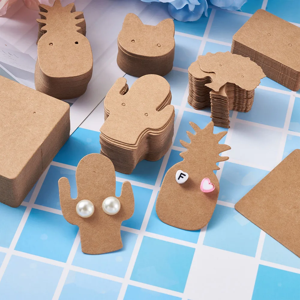 300pc Kraft Paper Earring Display Card Ear Studs Hang Tag Cute Cat Cactus Pineapple Tree Shape Packaging Cardboard earring Cards | Украшения