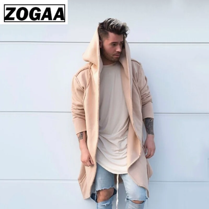 ZOGAA, длинная однотонная ветровка с капюшоном, модные повседневные мужские пальто с открытой строчкой, мужские пальто и куртки, 3 цвета, большие размеры, S-3XL