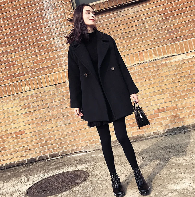Новое осенне-зимнее женское пальто больших размеров, модное, с отложным воротником, однотонное, свободное, шерстяное пальто для женщин, большая черная верхняя одежда