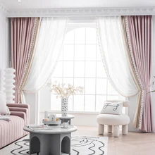 

Luxury Pink Blackout Curtains For Living Room Bedroom Window High Shading Stitching Lace Grils Room Princess Style Drapes