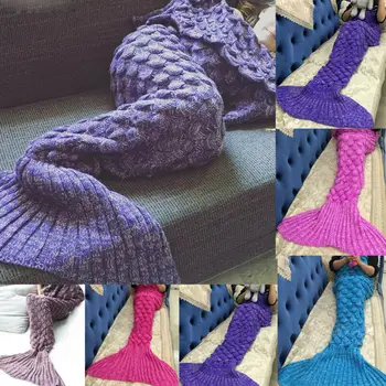 

Kid Knitted Sofa Sleeping Bag Mermaid Tail Blanket Bedding Christmas Gift Mermaid Stick Needle Yarn Tail Throw Bed Wrap Blanket