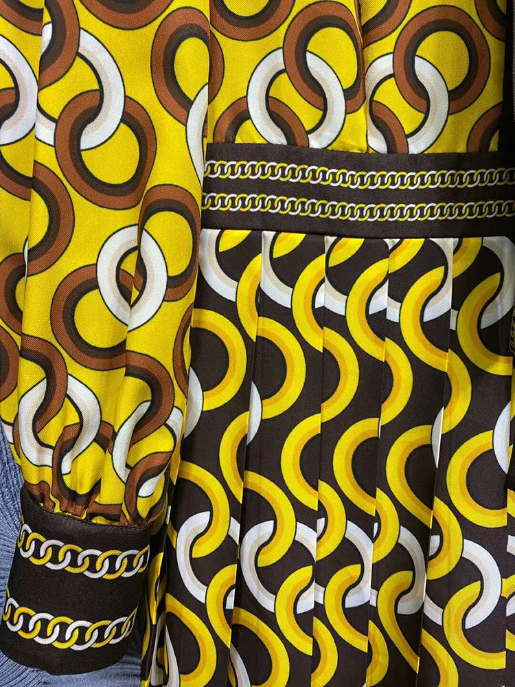SEQINYY Yellow Midi Dress 2020 Early Autumn Spring New Fashion Design Women Long Sleeve Vintage Print Shirt Dress Casual