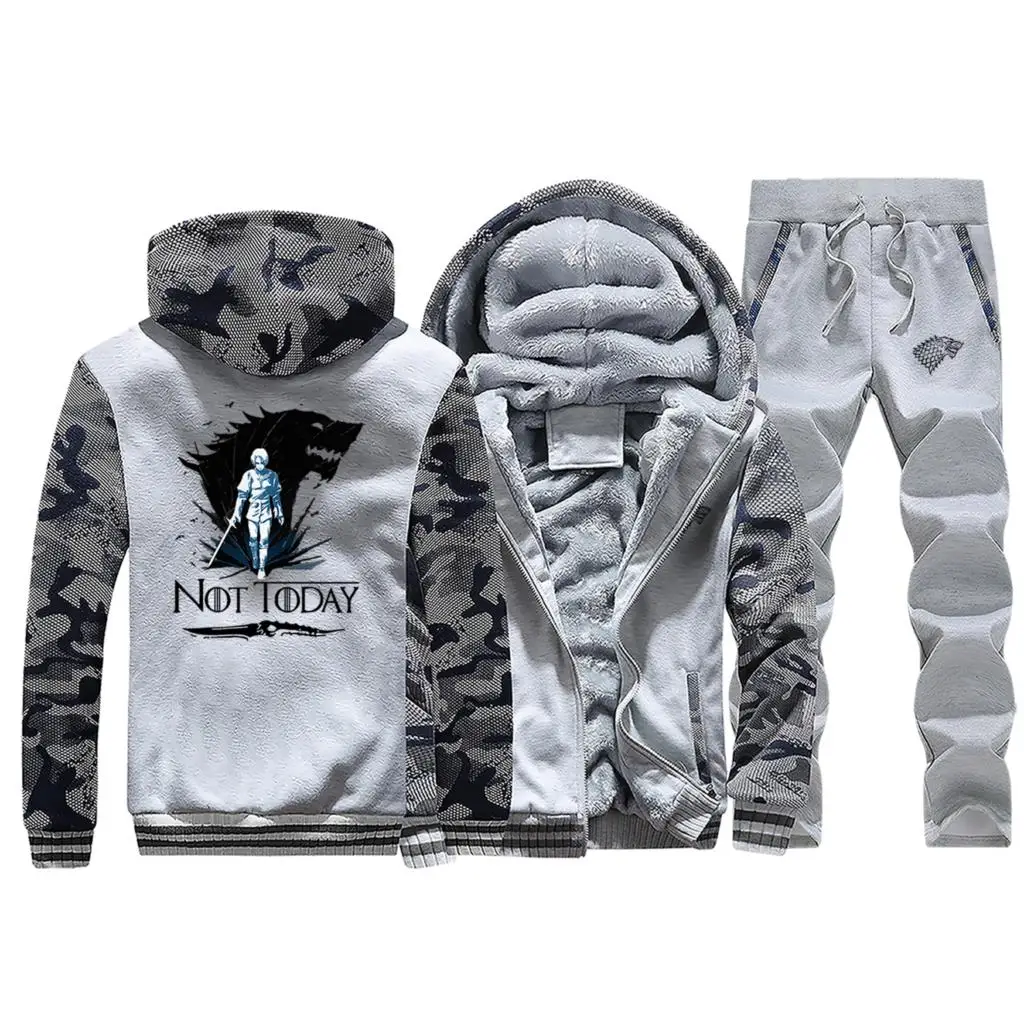Light Gray Не сегодня Игра престолов Арья Старк Новая зимняя мужская толстовка флисовая камуфляжная куртка плотный костюм спортивная одежда+ штаны комплект из 2 предметов - Цвет: Light Gray