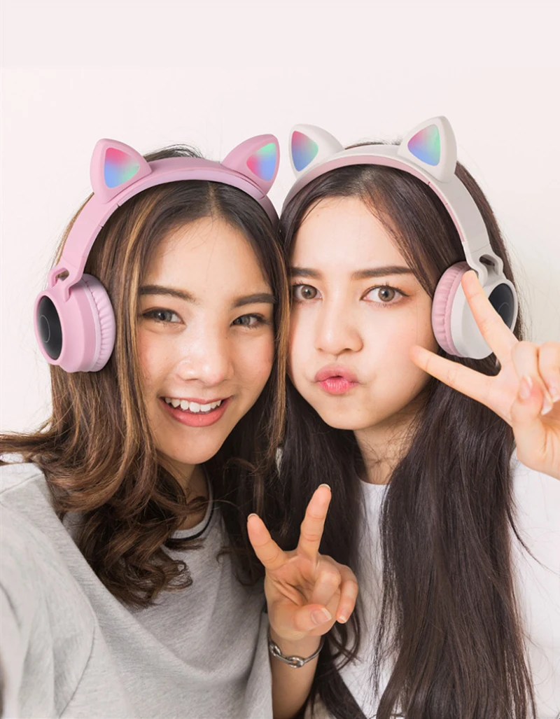 Корейский стиль для девочек кошачьи ушки ins беспроводные наушники розово-серые Bluetooth 5,0 Музыкальная гарнитура с светодиодный подсветкой для девочек