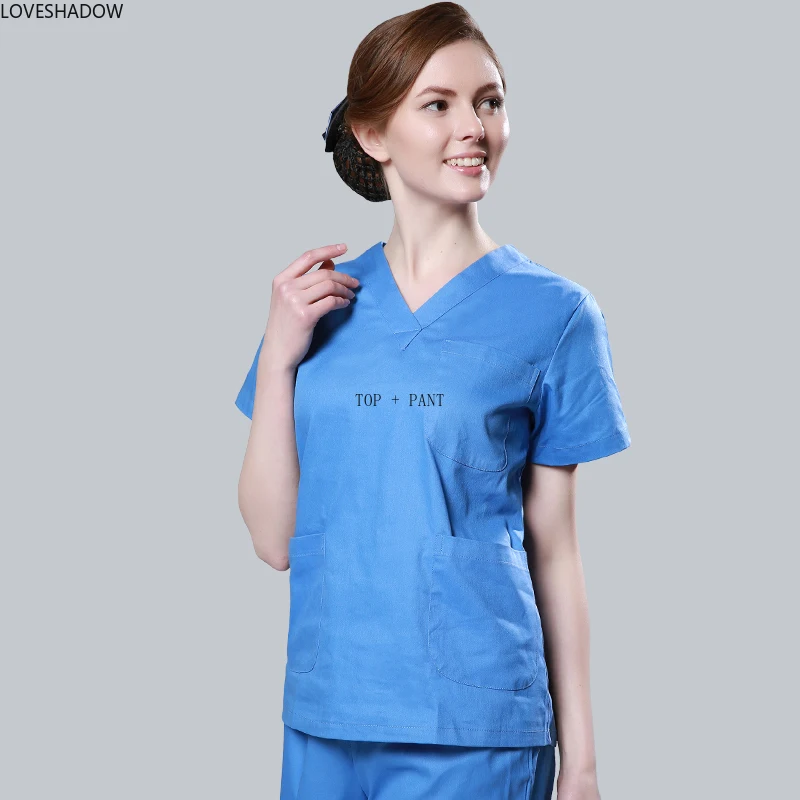 

Women's Fashion Scrub Set Basic V-neck Top with Side Vent + Elastic Waistline Pants Pure Color Medical Uniforms Cotton