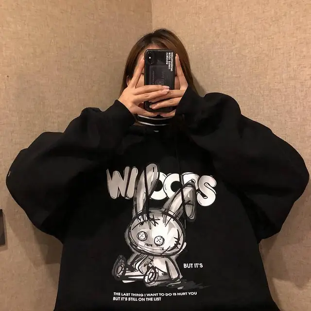 QWEEK Gothic Harajuku Hoodies Women Streetwear Dark Rabbit Bunny Print Long Sleeve Black Tops Mall Goth Clothing Alt 2021 Autumn Plus Velvet