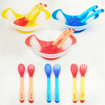 

Baby Bowl Temperature Sensing Feeding Spoon Child Tableware Food Bowl Learning Dishes Service Plate/Tray Suction Dinnerware Set