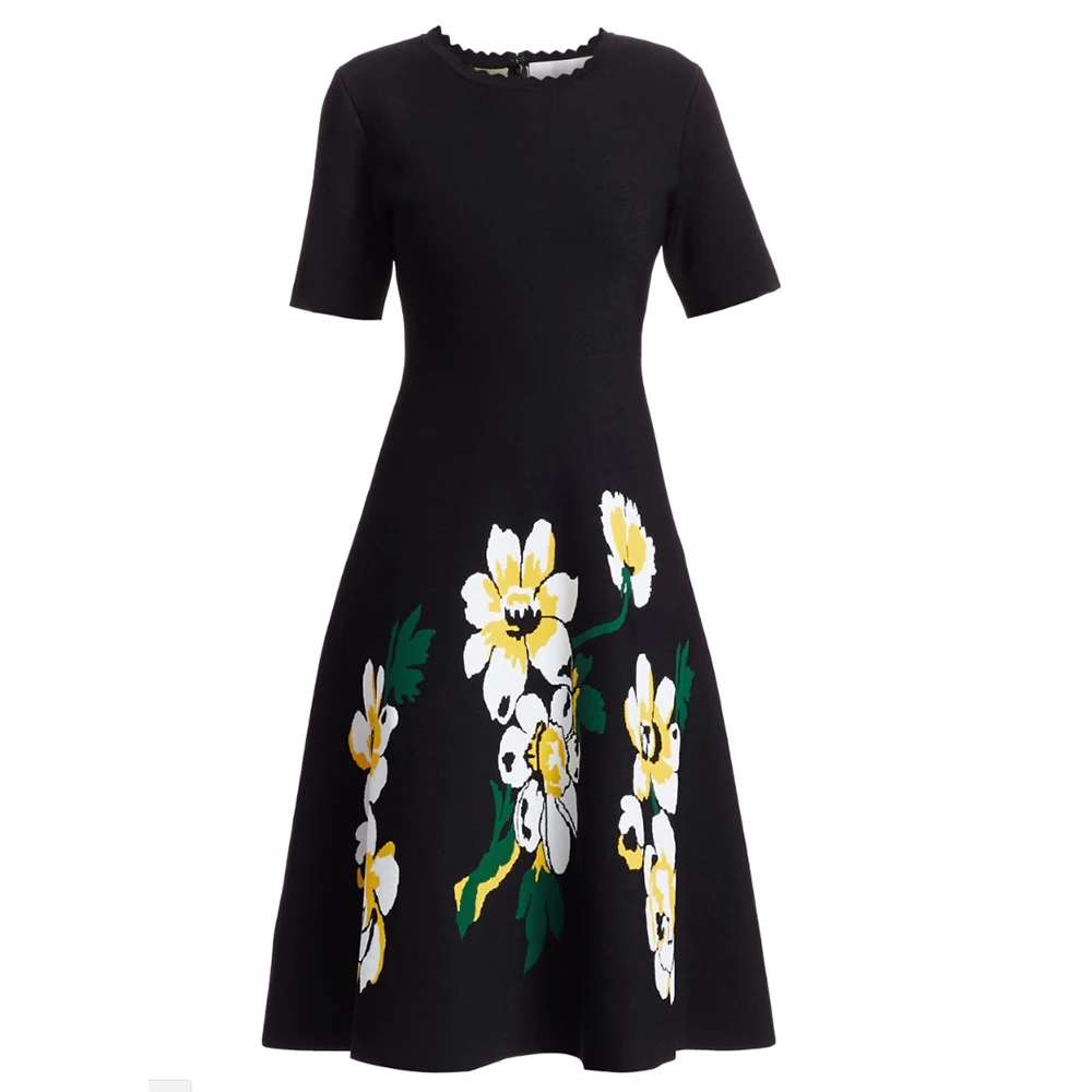 Jacquard dress Women black High Quality Elegant A-line girl Knee-length O-Neck short sleeve Celebrity evening party bodycon new - Цвет: Черный