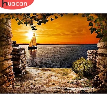 

HUACAN Diamond Painting Sunset Full Square/Round Sea Diamond Embroidery Mosaic Landscape Decor For Home