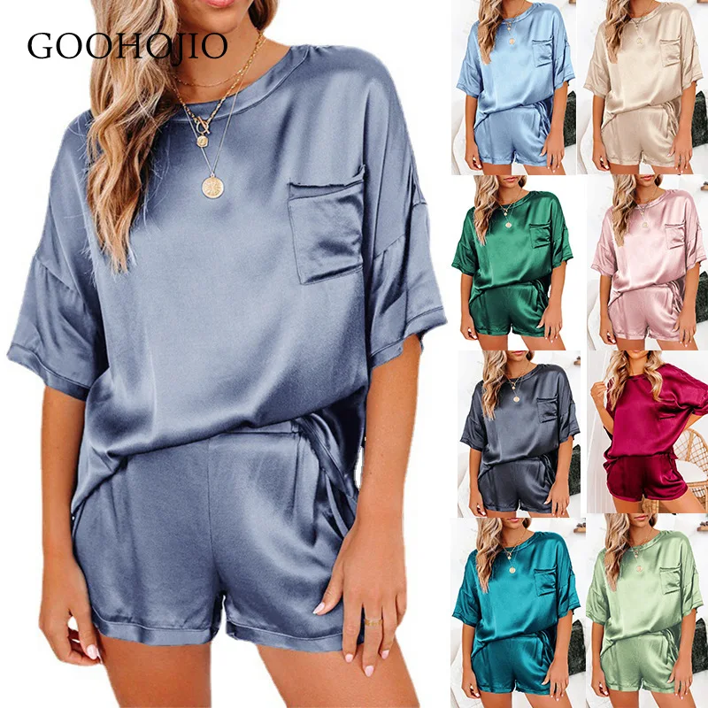 Комплект из двух предметов GOOHOJIO Женский однотонный атласный костюм с коротким