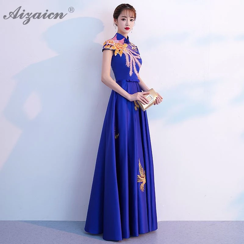Синий Вышивка Феникс Длинные Cheongsam современный тонкий вечерние платья Qi Pao для женщин Китайская традиционная одежда элегантный хост Qipao