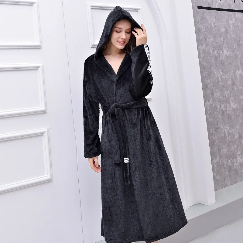 Lovers коралловый флисовый халат осень зима теплая Пижама для женщин и мужчин плотный халат для отдыха Ночная Рубашка домашняя одежда размер XL - Color: Hooded black