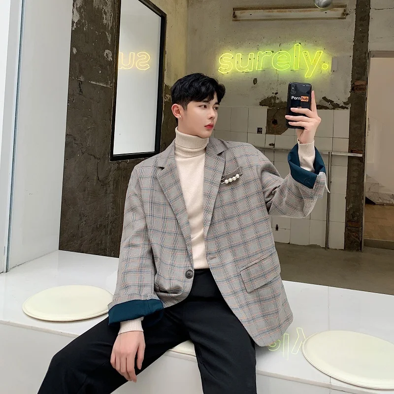 

2019 Men's Lattice Printing Single Western Clothes Coats Streetwear Outerwear Suit Jacket Casual High-quality Blazers Size M-XL