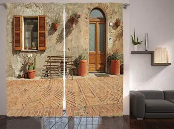

Tuscan Window Curtains Medieval Facade Rustic Wooden Door Brick Wall in Small Village Living Room Decor Bedroom Cinnamon