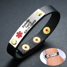 Медицинский Браслет, персонализированный браслет для диабета, кожаный браслет для диабетиков, браслет для мужчин и женщин, регулируемый от 6,3 до 7,6 дюймов