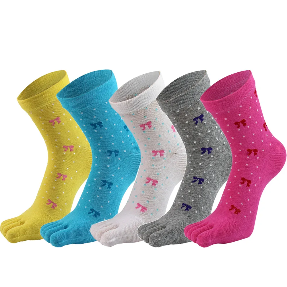 5 пар Женские хлопковые носки с отдельными пятью пальцами ног милый лук до середины икры повседневные спортивные носки