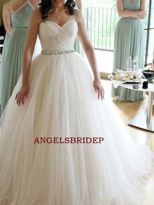 

ANGELSBRIDEP Sweetheart Pleat Ball Gown Wedding Dress Sparkly Crystals Sash Court Train Robe De Mariee Saudi Arabia Tulle Bride