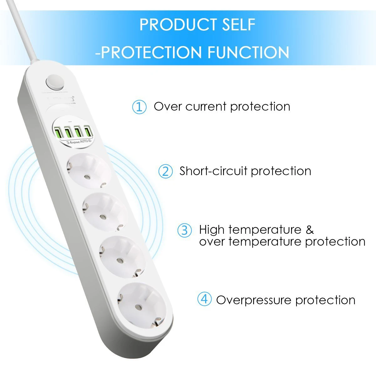 Многоразовая силовая лента, защита от перенапряжения, 4 розетки, штепсельная вилка европейского стандарта, с USB зарядным устройством, 2500 Вт, с выключателем, 2 м, удлинитель для телефона, ПК