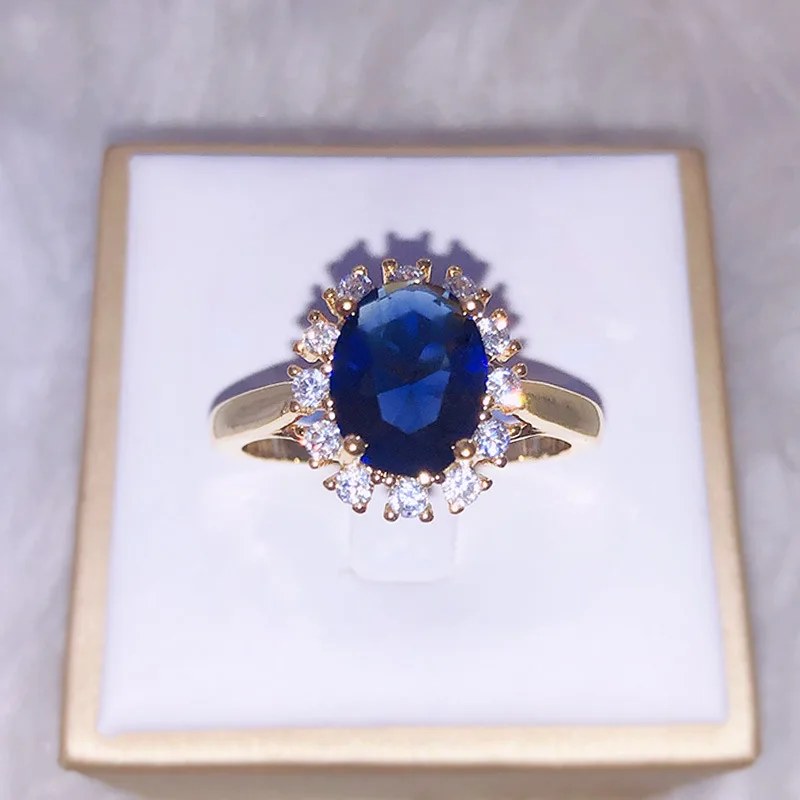gold blue Целлюлозное Серебро 925 Кольцо для женщин с овальным драгоценный камень, синий сапфир Серебряный Шарм женские ювелирные изделия помолвка Свадебная вечеринка подарок - Цвет камня: gold blue
