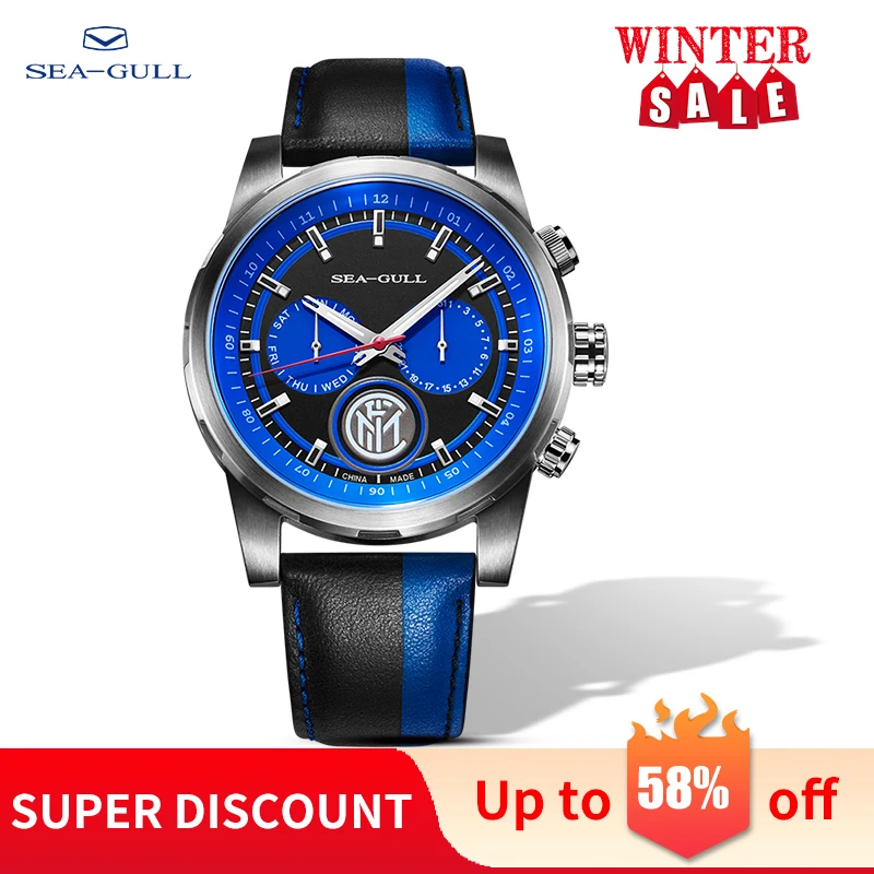

Seagull Watch Automatic Mechanical Watch Inter Milan Limited Edition Multiple Time Zone Calendar Week Black Leather Men Watches