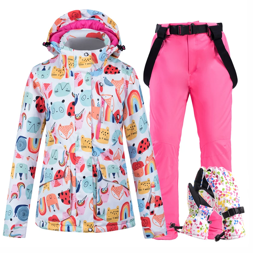 Jacket Pant glove PK Женский лыжный костюм, водонепроницаемая куртка для сноуборда, разноцветная Лыжная куртка и штаны, комплект, зимняя ветрозащитная теплая куртка, верхняя одежда - Цвет: Jacket Pant glove PK