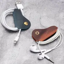 2xCowhide кожа Наушники Кабельные стяжки шнур Органайзер Обёрточная бумага намотки держатель