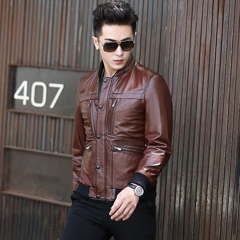 

Brand Top High Quality Mens Genuine Leather Cowhide Jackets Fashion Korean Casual Stand Collar Zipper Pockets Coats Plus Size