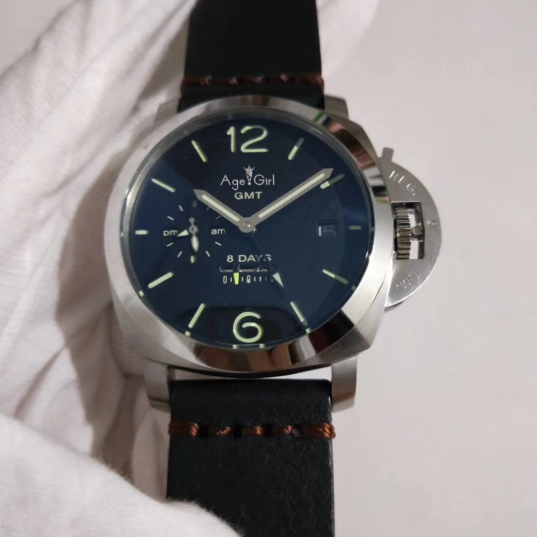 Роскошные брендовые Новые Мужские автоматические механические сапфировые часы из нержавеющей стали с черной резиновой кожей GMT 8 дней зеленый белый светящийся