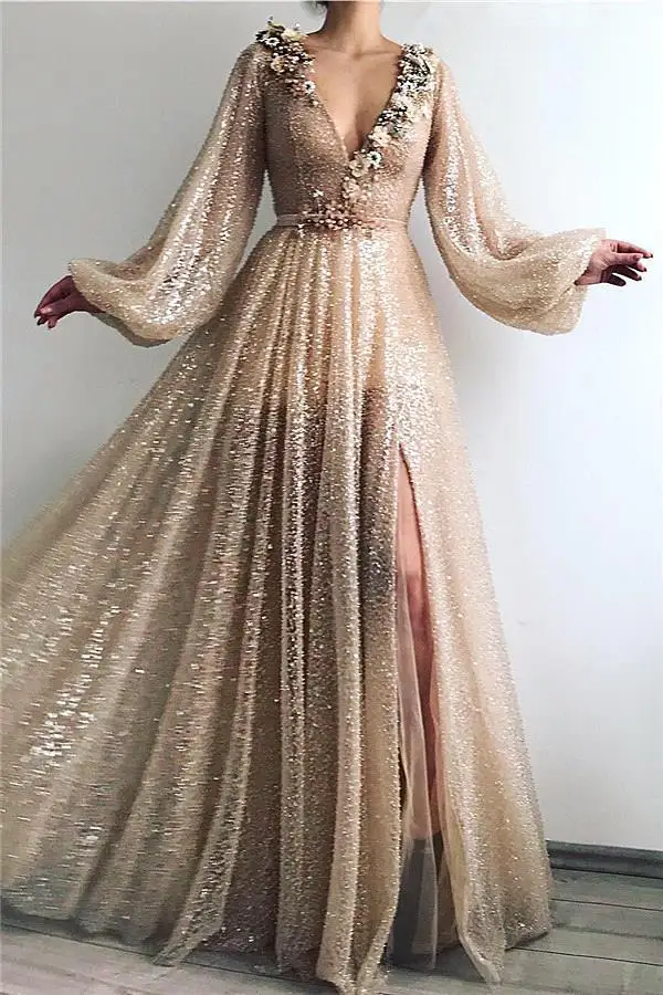 

Sexy V Neck Split Formal Evening Dress Champagne Tulle A line Evening Gown Dubai Lebanon Long Sleeves Party Dress vestidos largo