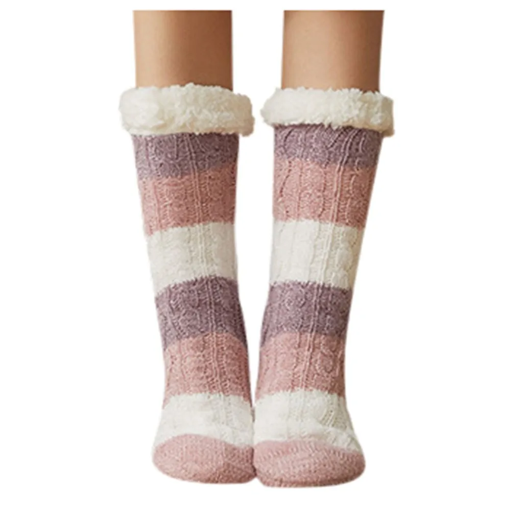 Женские зимние теплые хлопковые носки; плотные нескользящие носки-тапочки в полоску; флисовые Носки в стиле Харадзюку; женская модная новинка; 19 oct28 - Цвет: C