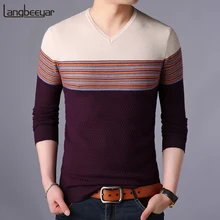Новые модные брендовые мужские свитера, пуловеры в полоску, облегающие вязаные джемперы с v-образным вырезом, осенняя повседневная мужская одежда в Корейском стиле