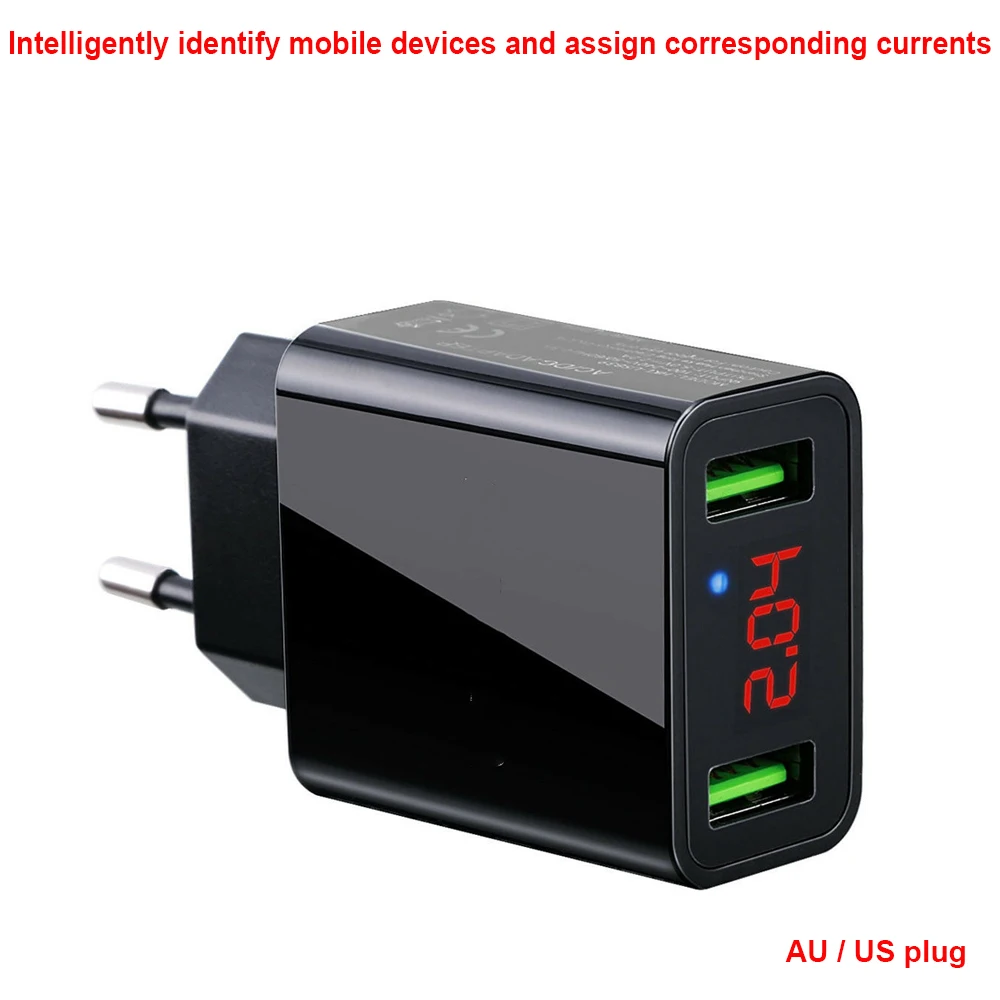 USB зарядное устройство, 2 порта, светодиодный дисплей, смарт-зарядное устройство для мобильного телефона, для iPhone, samsung, Xiaomi, планшета, настенный адаптер для путешествий, EU, US Plug