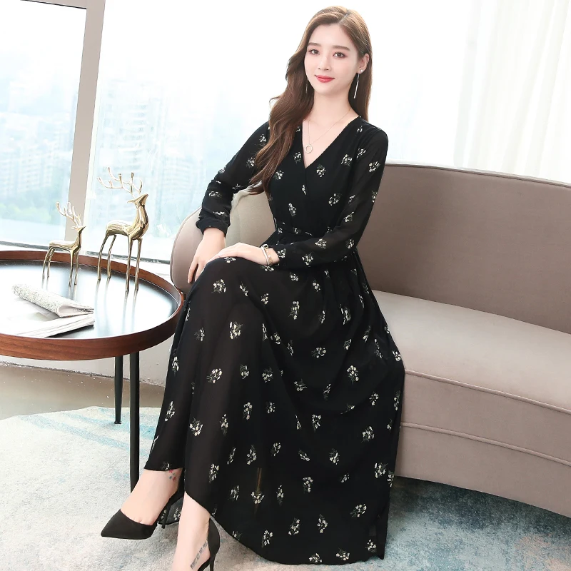 

Fashion Chiffon V-neck Print Midi Dress Women Autumn Winter Bohemian Casual Long Sleeve Dress Elegant Night Club Party Dresses