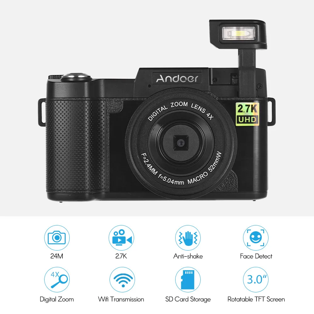 Andoer Full HD 24MP цифровая камера видеокамера 2,7 K 3," вращающийся TFT экран 4X цифровой WiFi подключение выдвижной фонарик